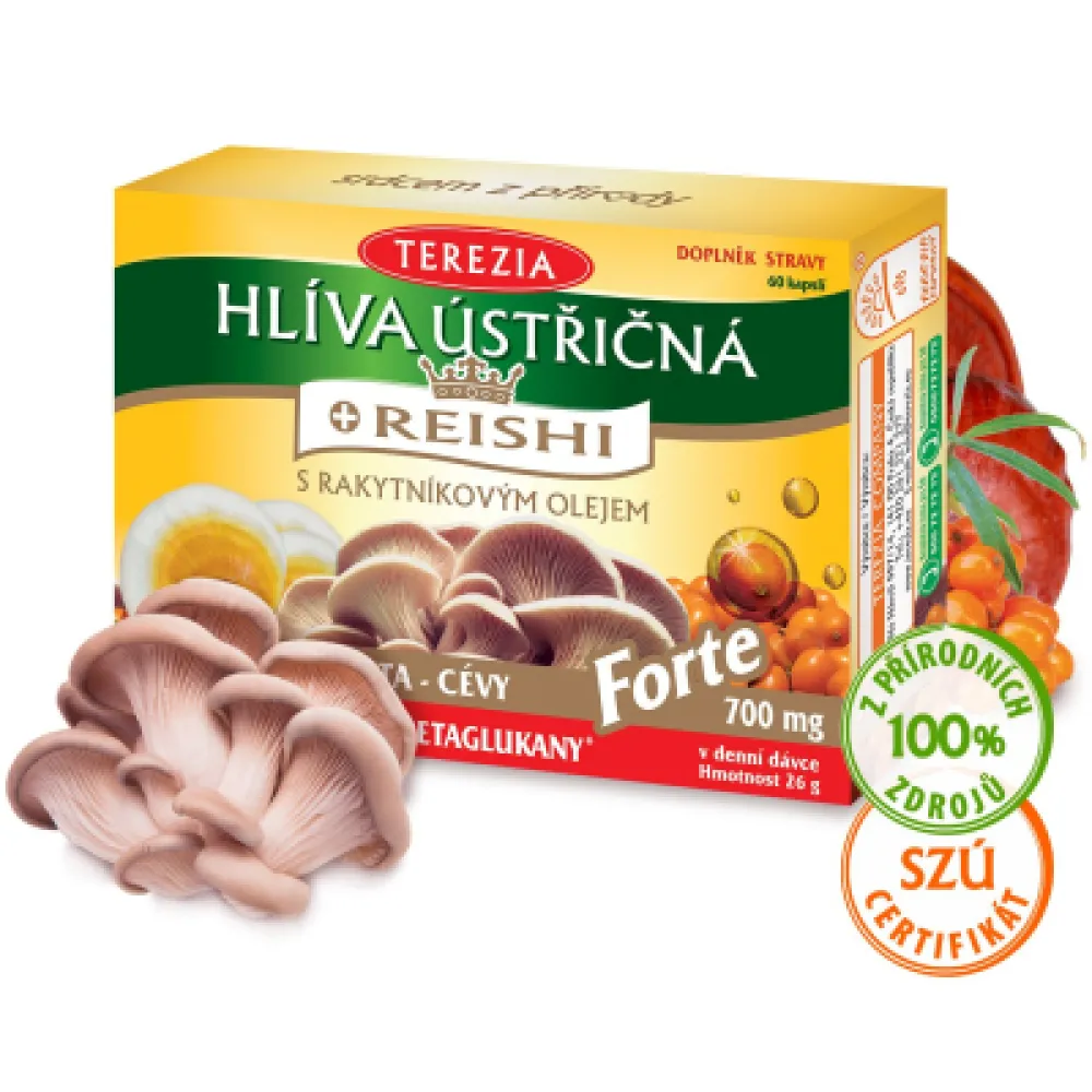 TEREZIA HLÍVA ÚSTŘIČNÁ s rakytníkovým olejem a reishi FORTE 60 kapslí
