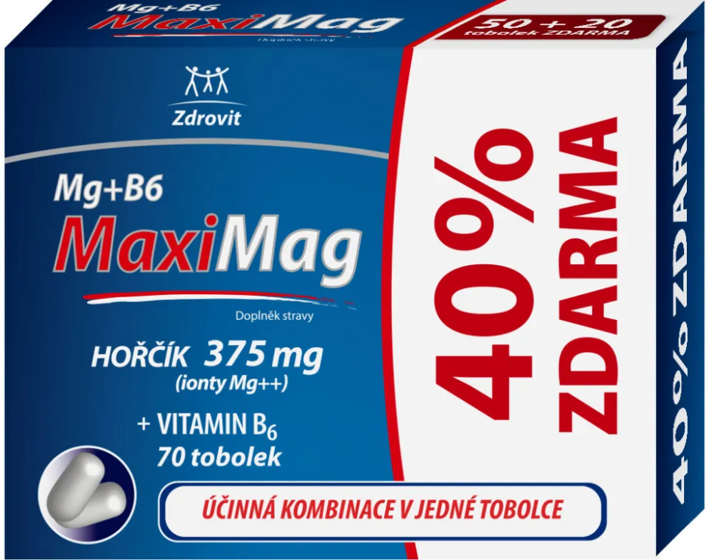 MaxiMag Hořčík 375mg+B6 40% ZDARMA 70 tobolek