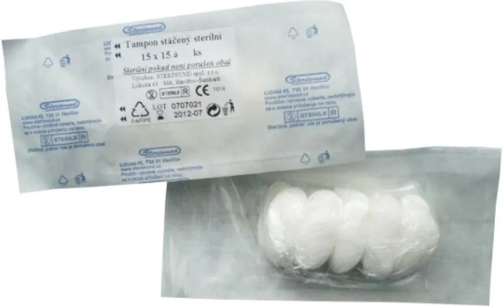 Tampón stáčený z gázy steril.15x15cm/5ks Steriwund